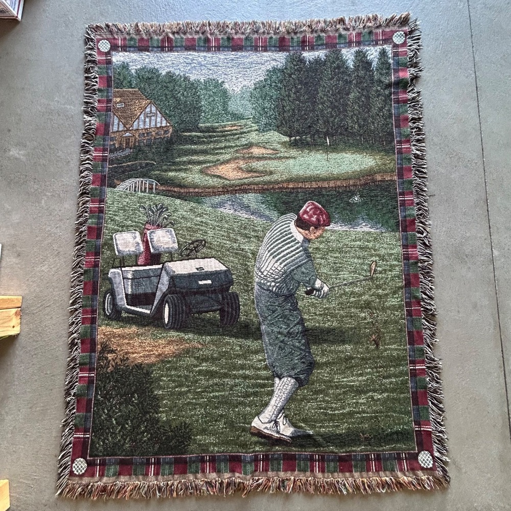 Vintage 90s Golf Knit Throw Blanket Country Club Golfer Woven Tapestry 68"x 51"